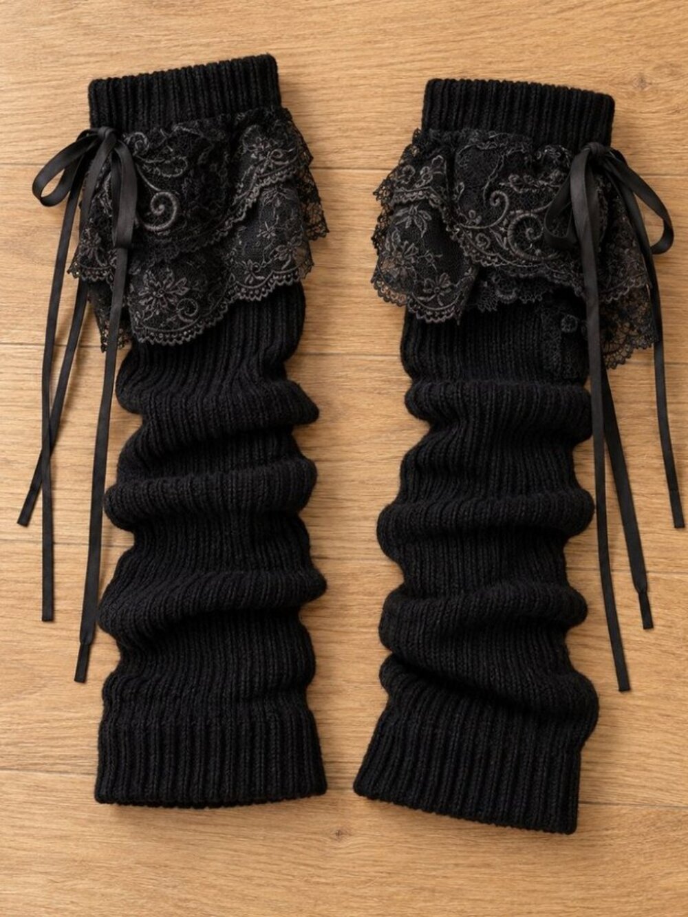 Black lace leg warmers with ribbon ties - goth coquette ballet knit leg warmers